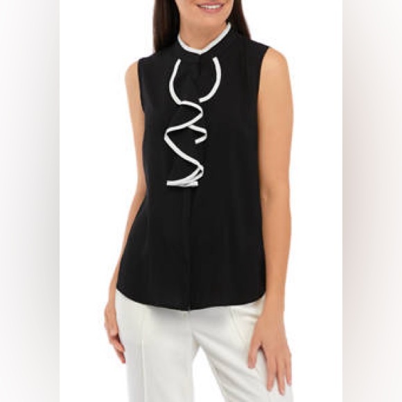 Calvin Klein Tops - 🆕Calvin Klein Size M Women’s Black Sleeveless White Trim Ruffle Front Top